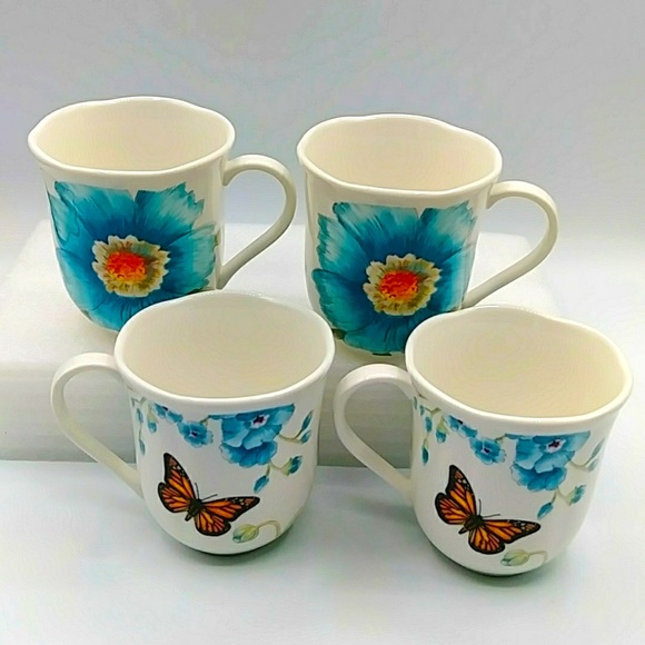 ๐HP! Set of 4 Butterfly Meadow Mugs by Lenox. Blue Poppy Pattern. - Picture 2 of 12